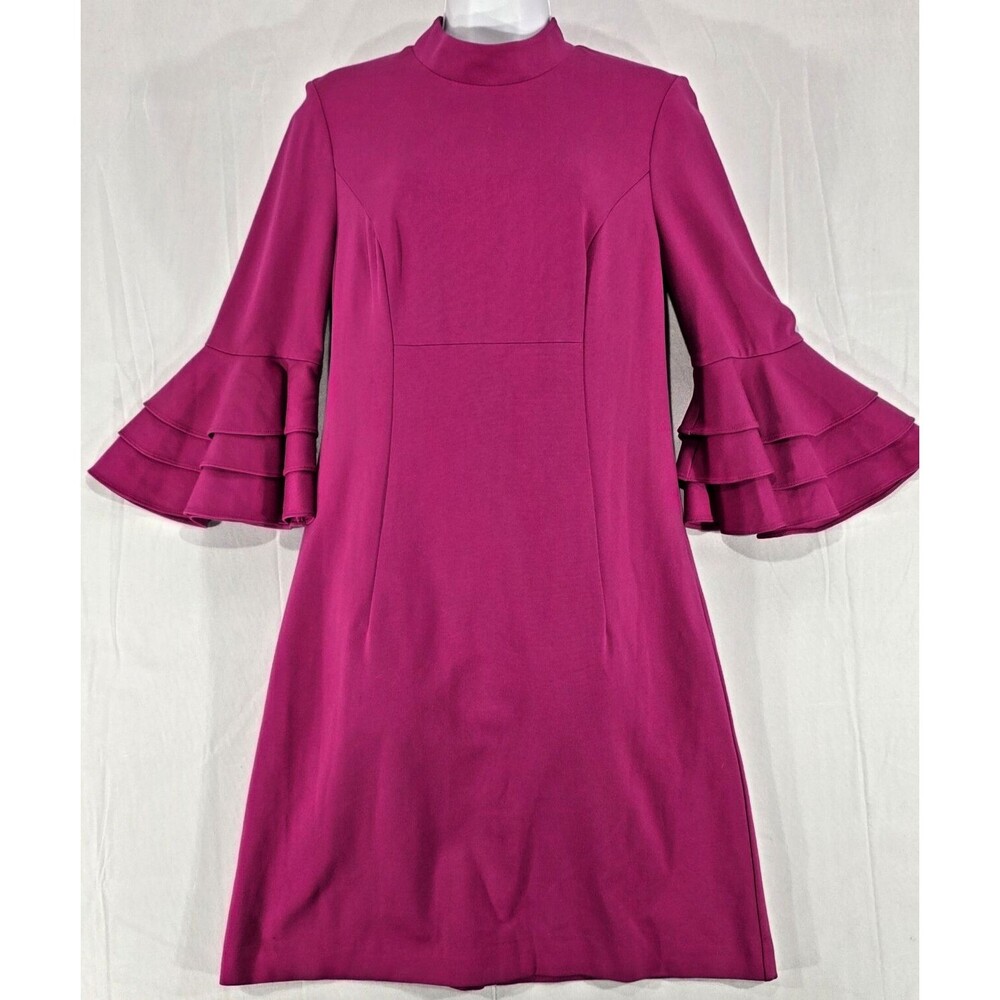 Trina Turk Dylan Pink Sheath Dress Size 2-4 Bell Sleeve Mock Neck Ponte Knit Mod